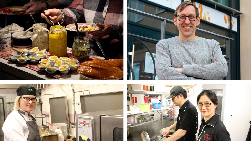 Restaurangerna i Finspång har olika sätt att hantera årets julbord. Här Patrik Persson på Hugo, uppe till höger, Annika Zander på restaurang Viberga, nere till vänster, och Jian Huang på Restaurang Peking.
