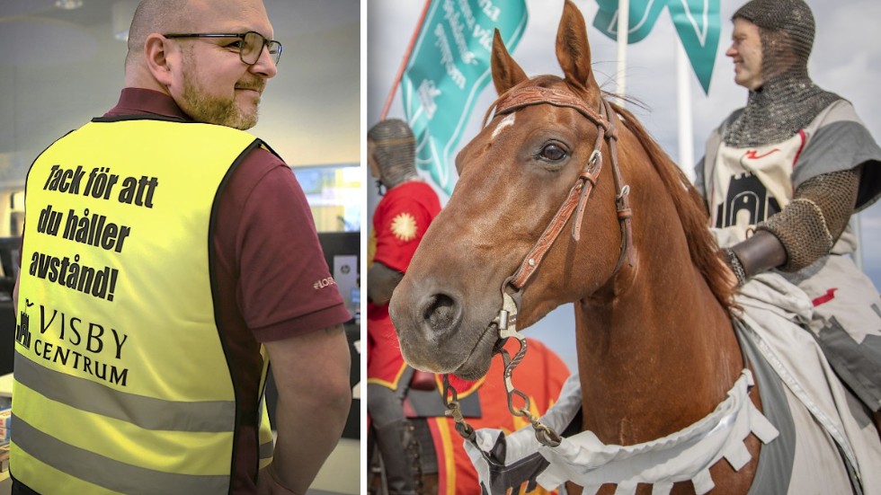 Till vänster Magnus Olsson, Visby Centrum, med den nya västen som delas ut till allmänheten. Till höger i bild riddare Hans af Visby,(Thomas Lindgren), från Riddarsällskapet Torneamentum.