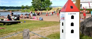 Barnen lånar böcker på stranden