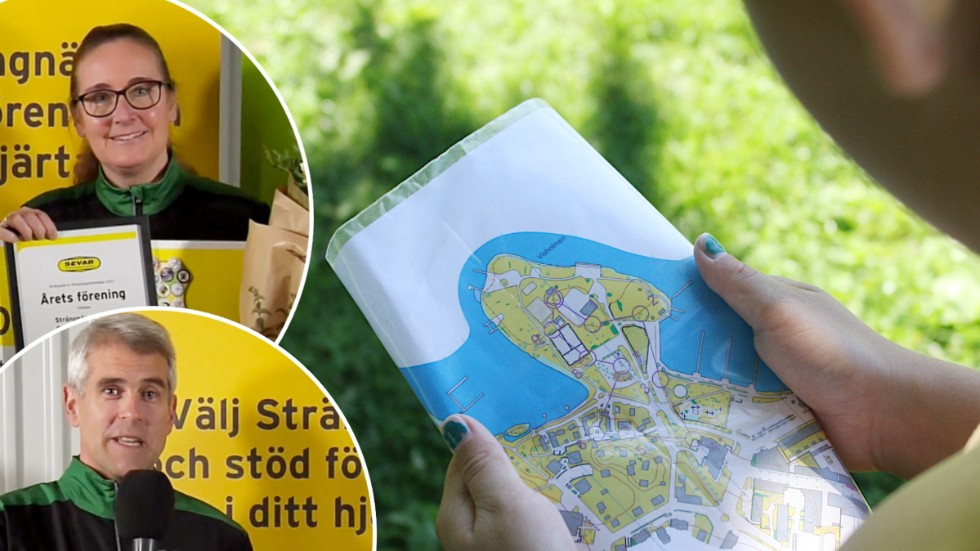 Linda Sterner och Fredrik Lundström från Smols styrelse tog emot priset, 15 000 kronor. Bilden med kartan är från sommaren 2020, när föreningen delade ut gratis orienteringskartor till alla som ville testa.
