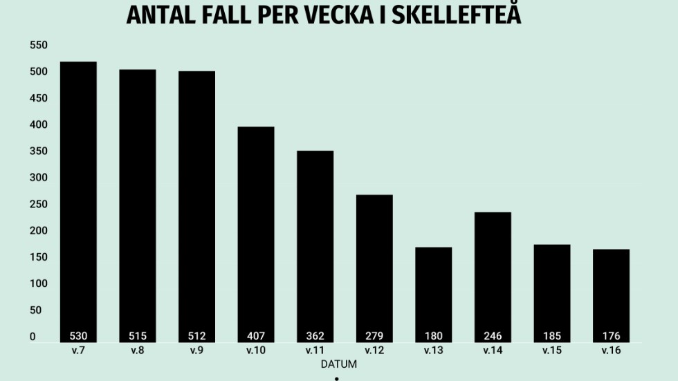 De tio senaste veckornas bekräftade fall i Skellefteå kommun.