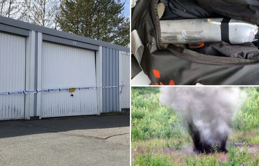 Bilderna visar garaget där bomben påträffades, väskan med bomben och när den sprängdes av polisen.