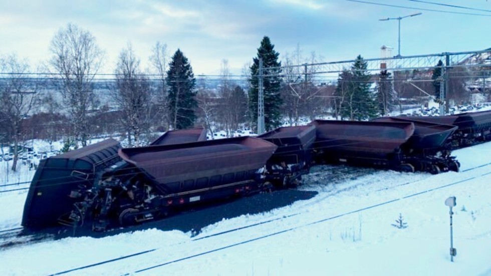 Malmtågsurspårning i Narvik, mars 2023.