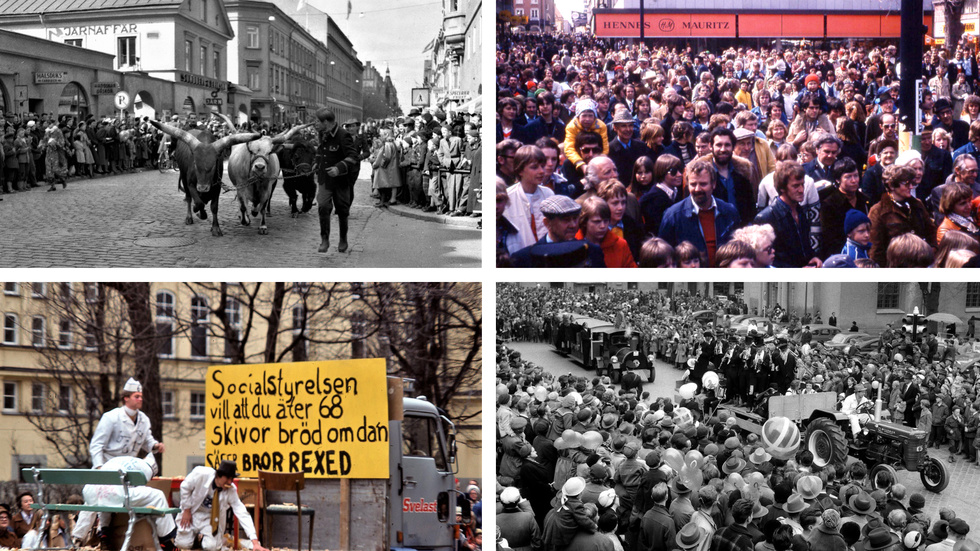 Majkarnevalen i Linköping började med oxdragna kärror och slutade med lastbilsflak. De övre bilderna är från 1954 och 1978, de undre från 1976 och 1955. 