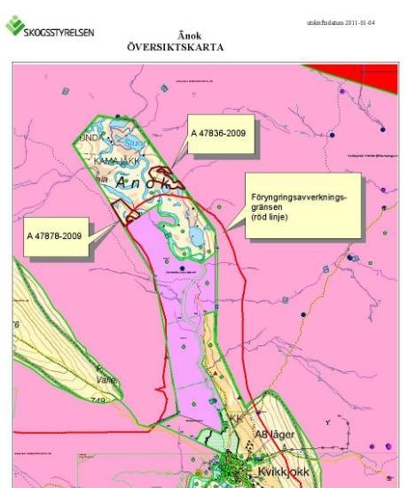 AVVERKAR I ENKLAV. Mitt i naturreservatet Kamajåkk finns en enklav som inte ingår i naturreservatet. Avverkning får ske inom de båda rödmärkta områdena.