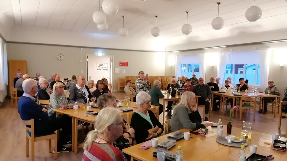 Besökarna lyssnar på dragspelsmusik.