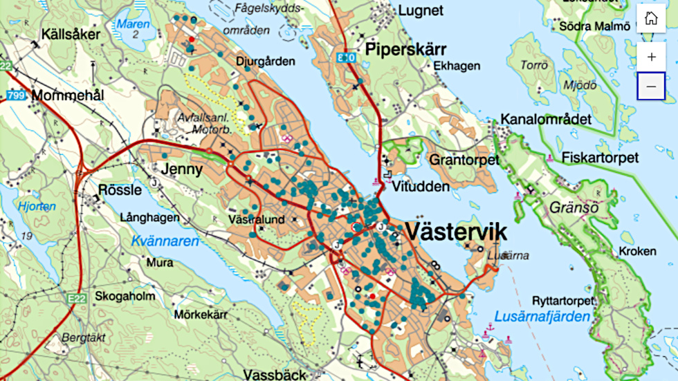 Skyddsrumskarta för Västervik. Skyddsrummen är markerade med blågröna prickar.