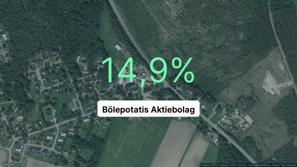 Illustrationen visar rörelsemarginalen för Bölepotatis för det senaste året. Bakgrunden är en satellitbild över företagets adress.