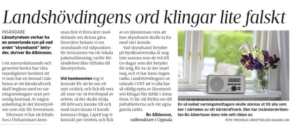 Landshövding Stefan Attefall svarar på Bo Albinssons insändare den 27 april.