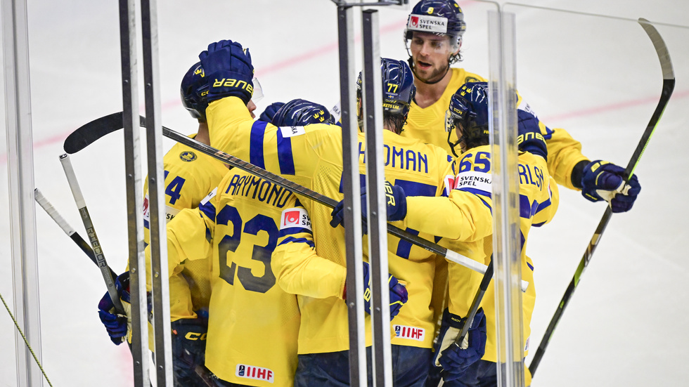 Svenskt jubel efter Lucas Raymonds 2–0 i segermatchen över USA.