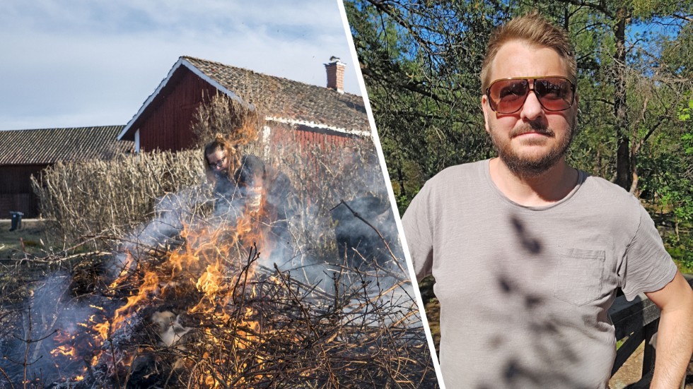 Fredrik Birath frågade kommunen om han fick elda trädgårdsris utanför de fastslagna eldningsveckorna. Det fick han inte, men han fick en räkning på 505 kronor. (Kvinnan vid elden har inget samband med artikeln.)