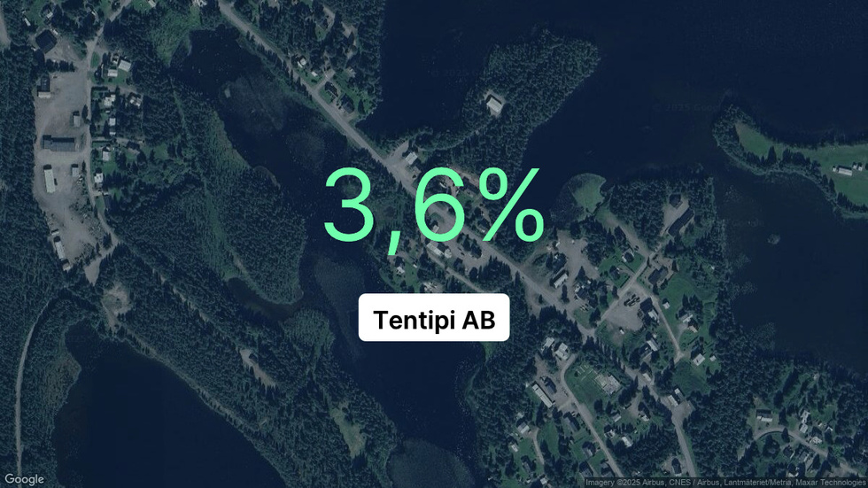 Illustrationen visar rörelsemarginalen för Tentipi för det senaste året. Bakgrunden är en satellitbild över företagets adress.