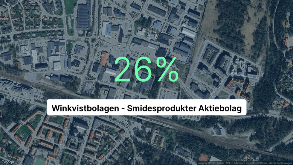 Illustrationen visar rörelsemarginalen för Winkvistbolagen - Smidesprodukter för det senaste året. Bakgrunden är en satellitbild över företagets adress.
