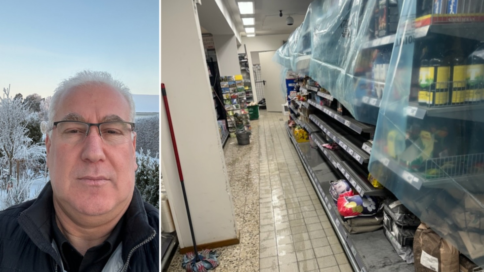 Fahed Abdi ägare av Tempo i Fjärdhundra berättar att de under lördagen har haft fullt upp med att bära hinkar, skydda varor med plastskynken och torka golv.