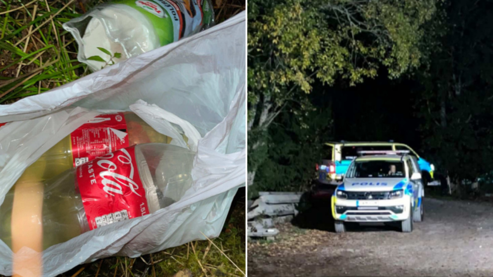 Läskflaskor med bensin som hittades nära de hus som enligt åtalet skulle brännas ner. Till höger polisen vid de aktuella husen samma kväll som 16-åringen greps. 