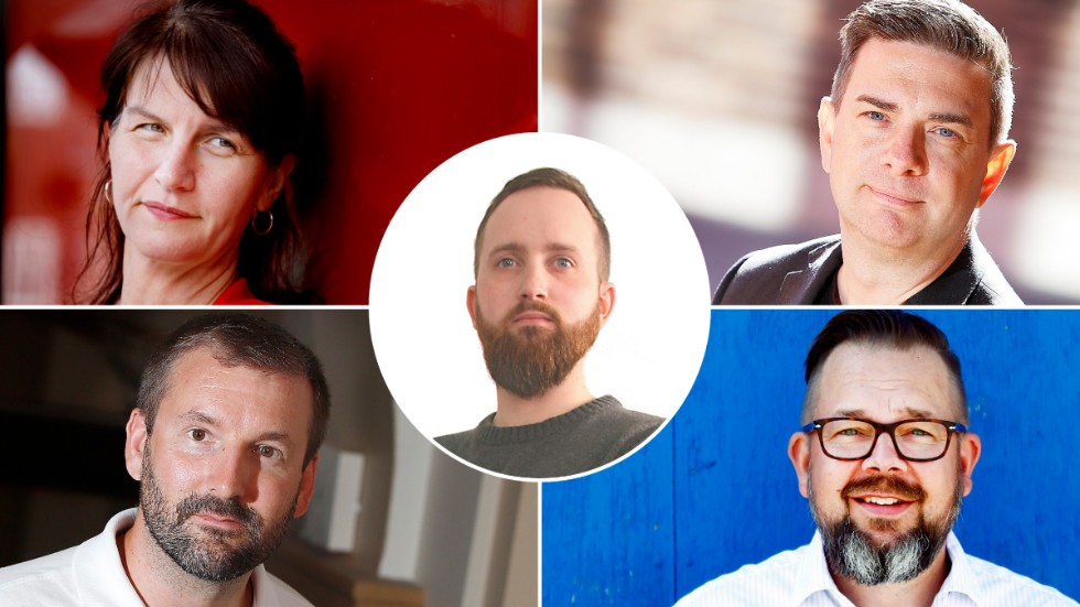 Niklas Otto Olsson, i mitten, är moderator för den livesända politikerdebatten på Eskilstuna-Kurirens sajt. Deltar i debatten gör Maria Chergui (V), Jimmy Jansson (S), Kim Fredriksson (SD) och Jari Puustinen (M).