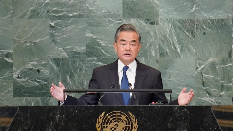 Kinas utrikesminister Wang Yi under sitt anförande i FN:s generalförsamling på lördagen.