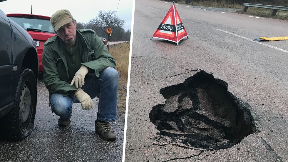 Flera bilister drabbades när slukhålet plötsligt öppnade sig mellan Stallarholmen och Mariefred. En av dem är Johnny Berchtold.