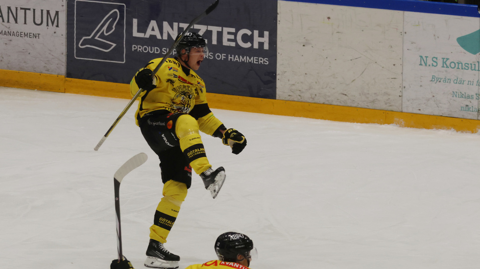 Pelle Ström firar 5-3 för VH mot Halmstad.