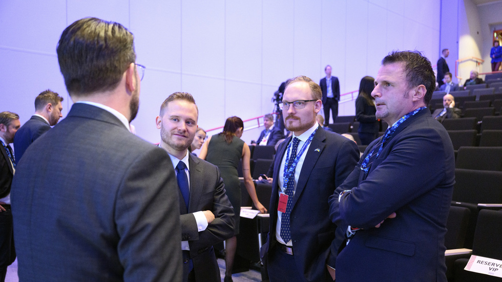 Jimmie Åkesson, Henrik Winge och Aron Emilsson under Sverigedemokraternas landsdagar i Västerås.