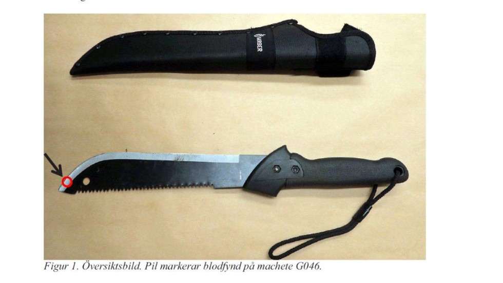 Den röda ringen visar det blodspår som återfunnits på macheten. Ett blodspår som konstaterats kommer från målsägande. 