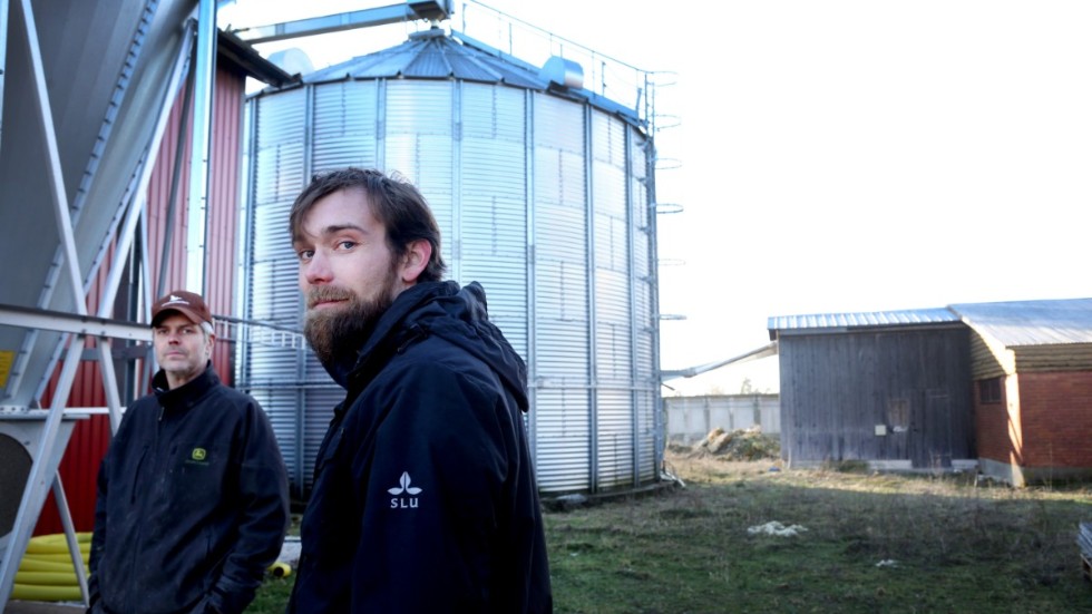 Andreas Nypelius, LRF Gotland, välkomnar stödåtgärderna från Region Gotland till öns lantbrukare. På bilden hos Olof Ahlby på hans gård i Viklau.