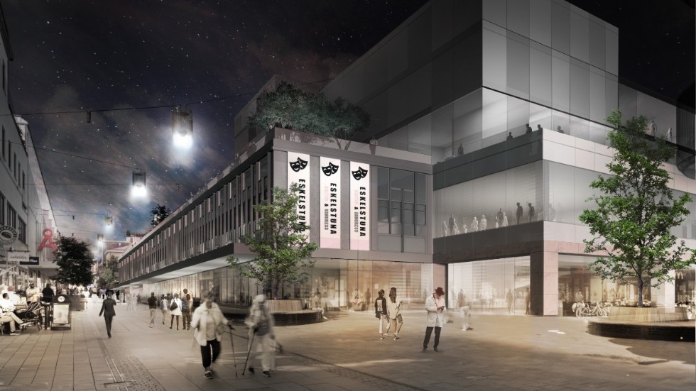 Visionsskiss över Eskilstunas nya kongress- och kulturhus, nu placerat där gallerian Cityhuset står i dag.
