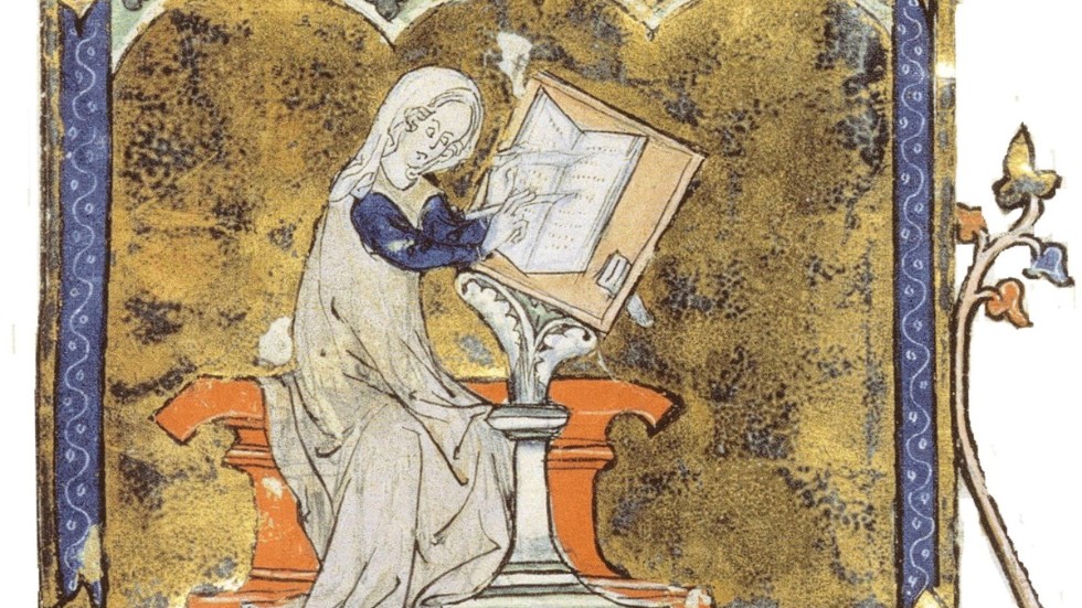 Marie de France avbildad i ett manuskript som finns på Bibliothèque nationale de France.