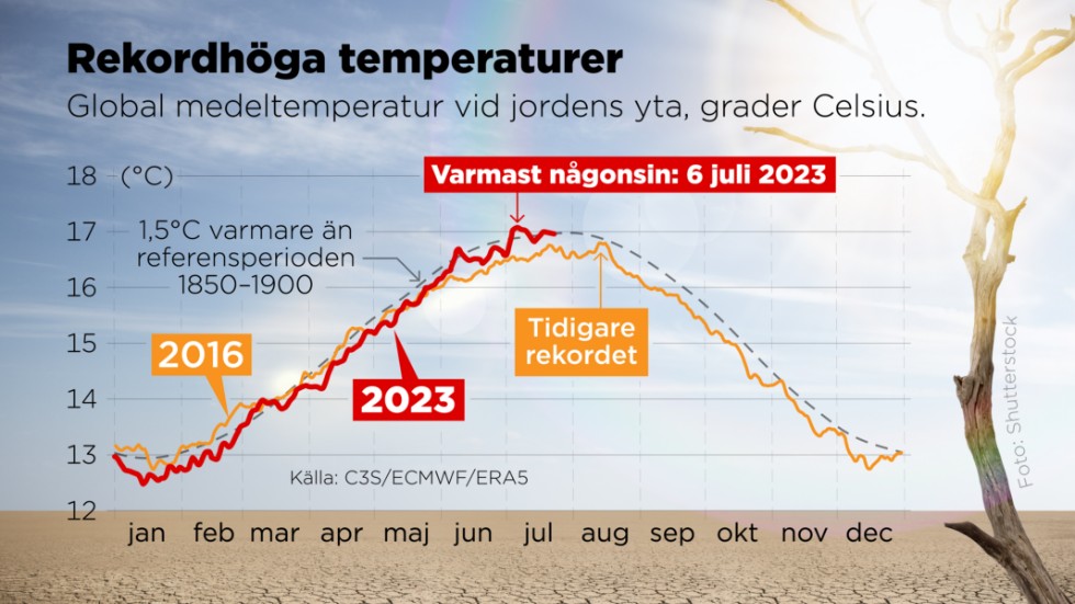 Global medeltemperatur i grader Celsius vid jordens yta år 2023 jämfört med 2016, då tidigare värmerekord för en dag sattes.