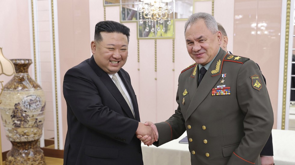På detta foto, tillhandahållet av Nordkoreas regim, skakar Nordkoreas diktator Kim Jong-Un hand med Rysslands försvarsminister Sergej Sjojgu i Pyongyang.
