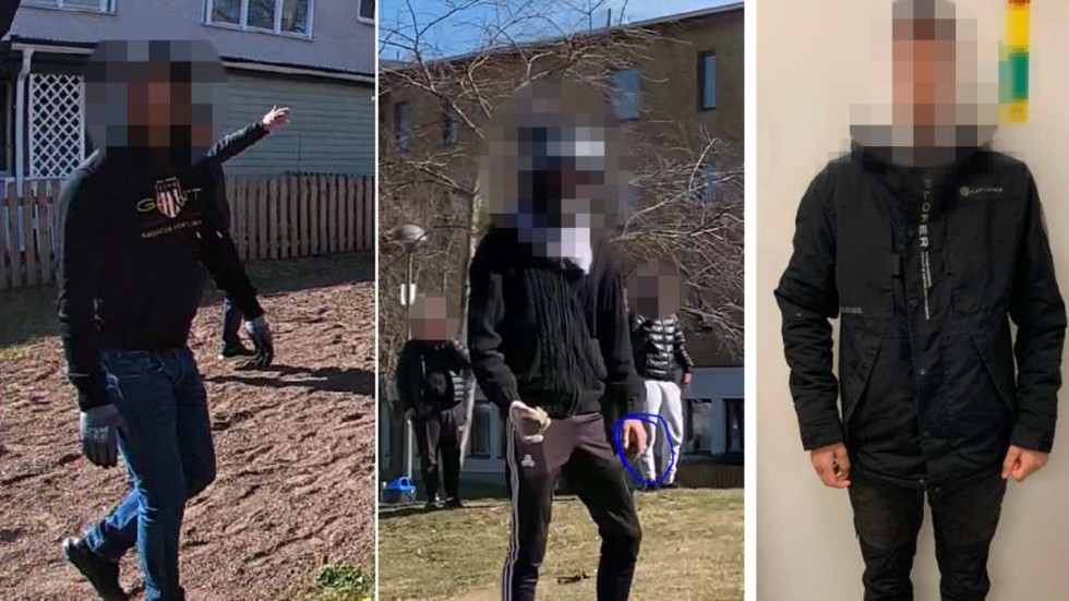 Bilder som påstås visa de tre tilltalade männen under upploppen i Skäggetorp i våras.