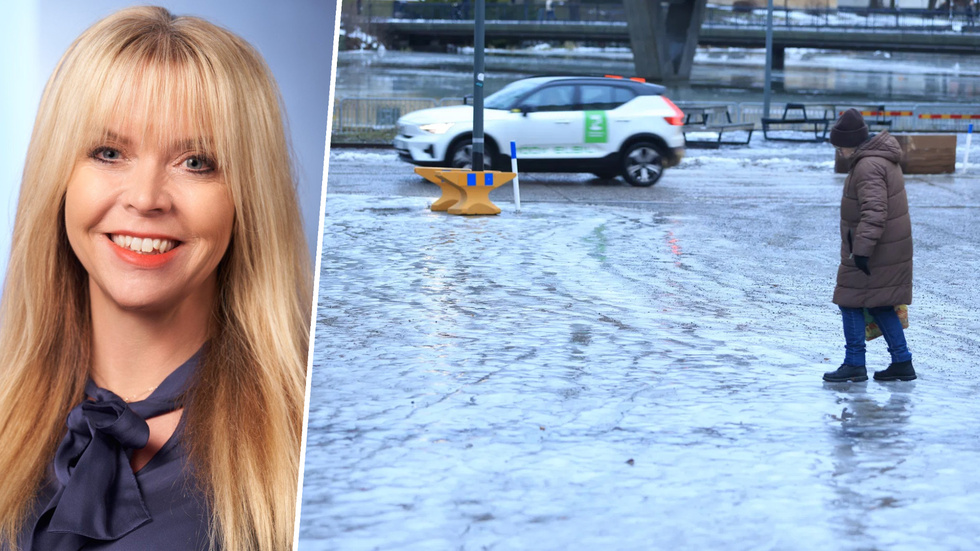 Eskilstunapolitikern Erika Rydja Sandvik (L) föreslår ökad användning av markvärme. På stora bilden isgatan i korsningen Eskilsgatan/Stensborgsgatan i tisdags.