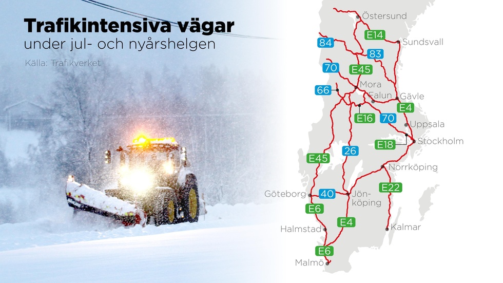 Trafikintensiva vägar under jul- och nyårshelgen.