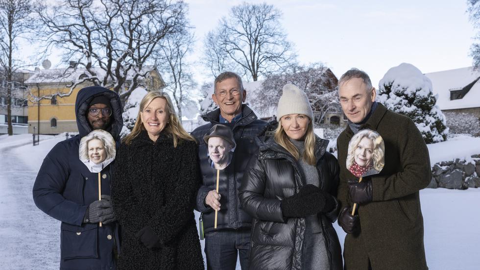 Kodjo Akolor, (Anna-Lena Laurén), Carin Götblad, Tomas Sjödin, (Olof Wretling), Kristin Kaspersen, Sverker Sörlin, (Åsa Wikforss) är årets vintervärdar i P1. Pressbild.
