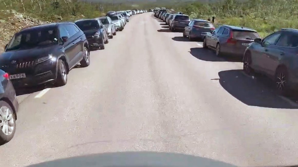 Flera hundra meter långa köer av turistbilar som till större del står ute i vägbanan orsakar livsfara på E10, enligt en yrkeschaufför som ofta kör på sträckan.
