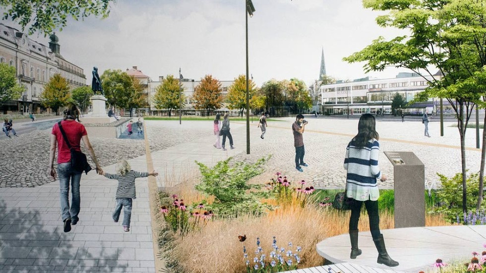 "Sjöstadens gröna sluss sommartid. Vy från hörnet Kungsgatan-Repslagaregatan.