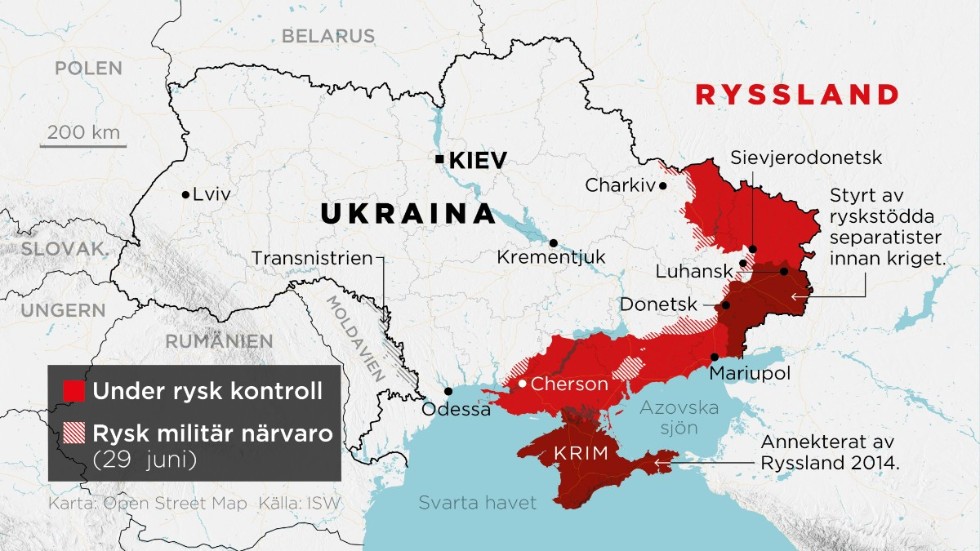 Områden under rysk kontroll samt områden med rysk militär närvaro 29 juni.