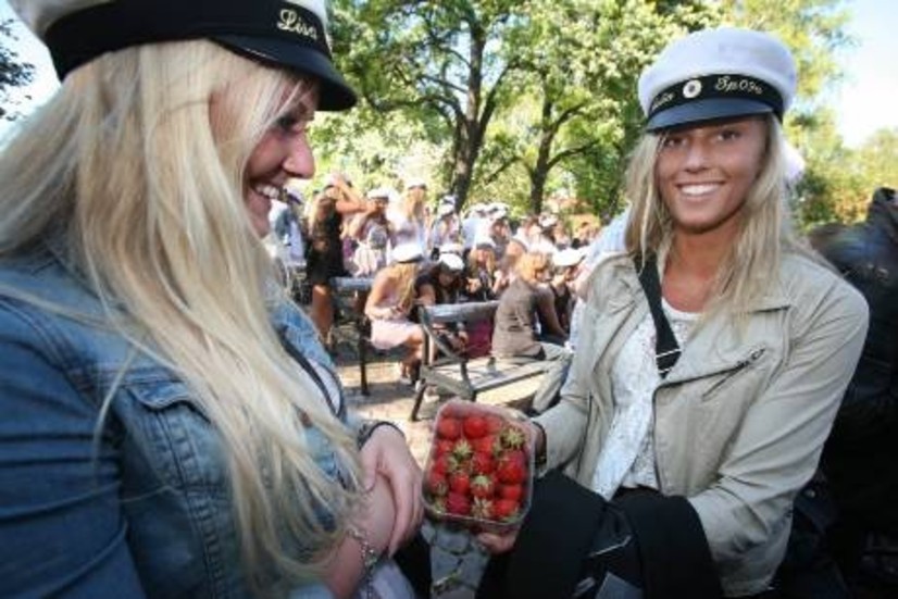 Jordgubbskalas. Julia Gillros och Lisa Eksholm provsmakar picknickens jordgubbar.