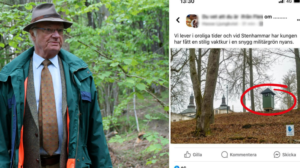 Kungen har fått en ny vaktkur utanför Stenhammars slott. Bilden är ett montage med ett skärmklipp från Facebookgruppen "Du vet att du är ifrån Flen om...".