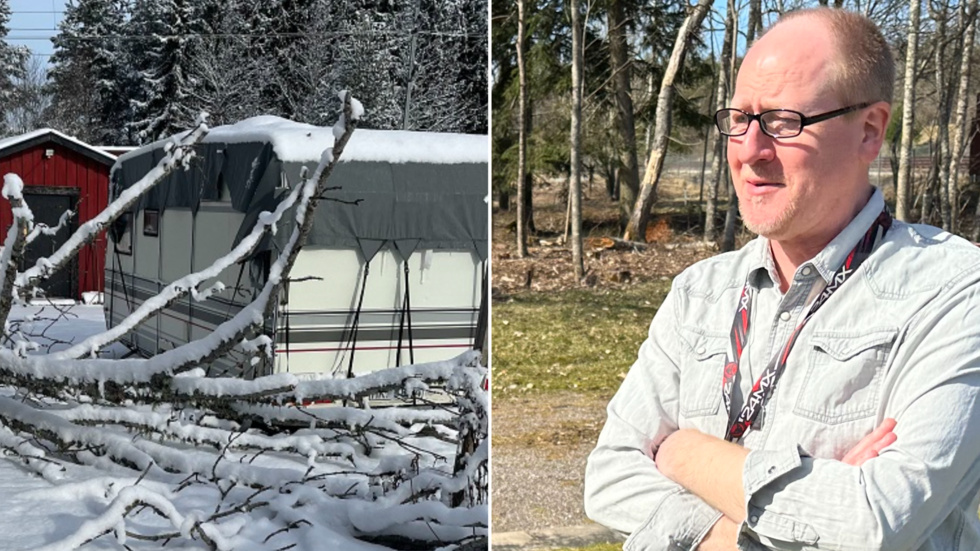 Husvagnen fick skador på både taket och sidorna efter att ett träd från kommunens mark blåste ned i mars förra året. Fredrik Haag kräver skadestånd av kommunen, men ärendet drar ut på tiden.
