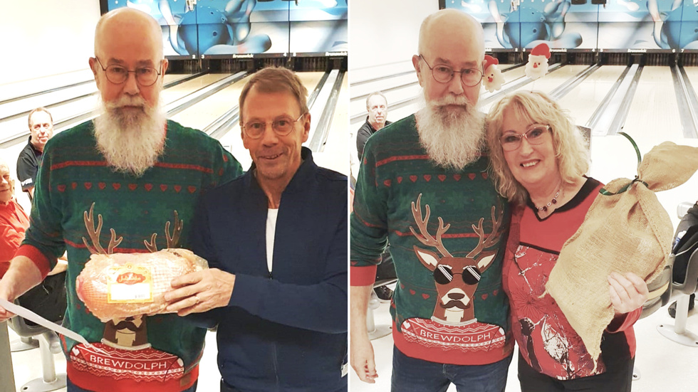 Två av många vinnare i bowlingtävlingen. Prisutdelare Björn Andreassen figurerar med pristagarna Jan Rönnbäck och Eva Dahlberg Lindvall.