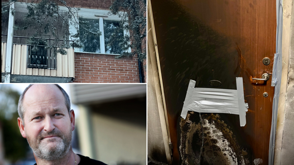 Tydliga spår på utsidan av lägenhetsdörren efter misstänkta mordbranden. Polisen i Luleå tror att branden var anlagd. "Hyresgästens berättelse kopplad till fynd på platsen gör att vi tror att någon annan har varit inblandad i branden", säger P-O Andersson, polisen.   