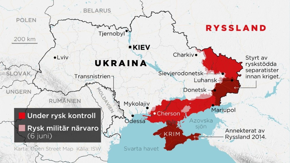 Områden under rysk kontroll samt områden med rysk militär närvaro 6 juni.