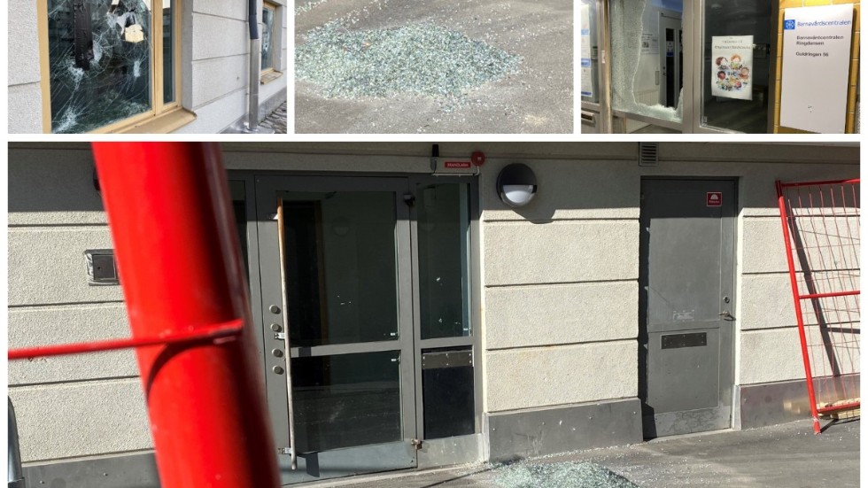 Mängder av sönderslagna fönster i Navestad efter upploppet och fullt med glassplitter på gatorna ligger kvar på tisdagen.