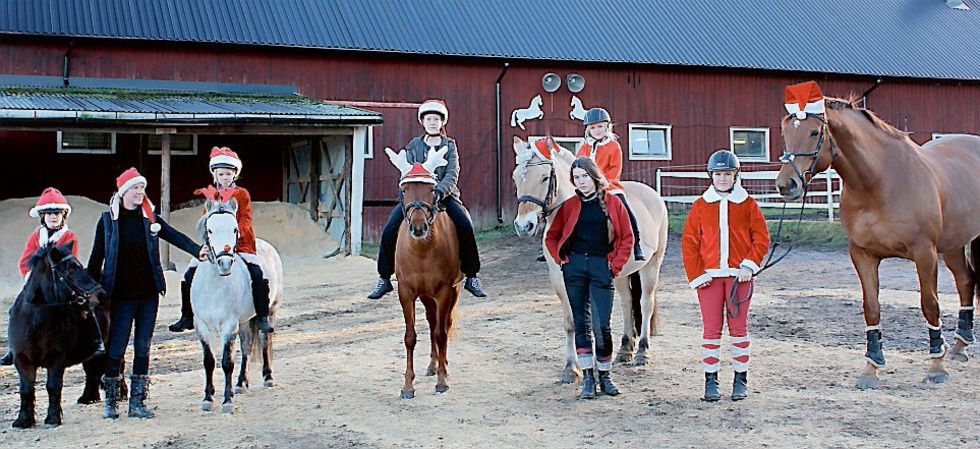 Hela ridfritidsgänget samlat. Fr v Nadja Ottosson på Nalle, ridlärare Johanna Berg, Fanny Norström på Lilla Q, Angelica Enoksson Stagård på Chanell, Ella Hammarström på Mattis, Maja Rosenberg och Johanna Davour med Toppe.