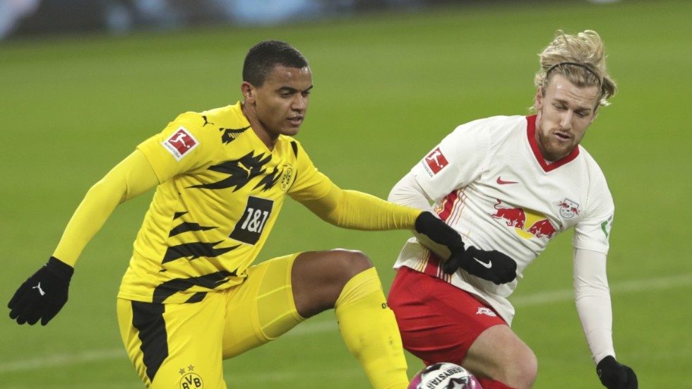 Emil Forsberg, till höger, klev av i halvtid när Leipzig spelade oavgjort borta mot Wolfsburg. Arkivbild.