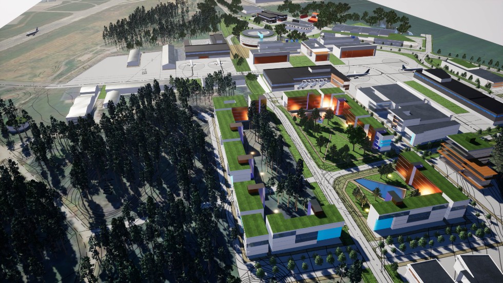 Visionsskissen visar hur Cavok District skulle kunna se ut när det är färdigbyggt. Det som byggts hittills är IMA One, den svarta byggnaden som skymtar längst upp i bild. Men snart kan byggnad nummer två vara på väg.