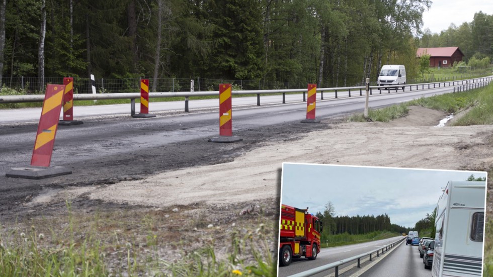 Nedsatt hastighet råder fortfarande förbi platsen där en lastbil brann på måndagen. Långa köer uppstod i samband med händelsen.