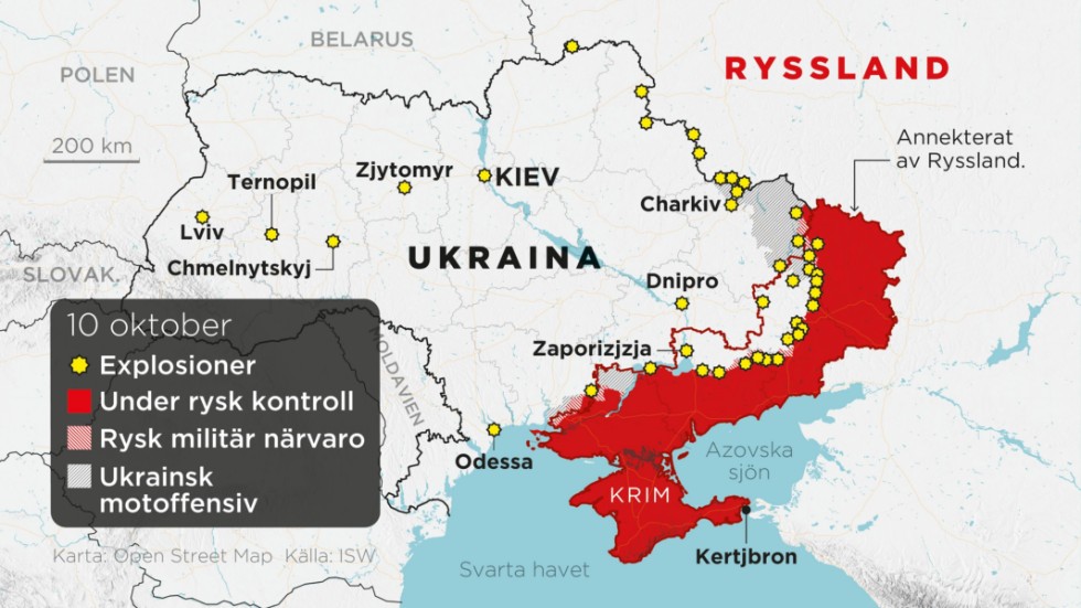 Områden under rysk kontroll, områden med rysk militär närvaro, ukrainska motoffensiver samt annekterade områden i Ukraina den 10 oktober.