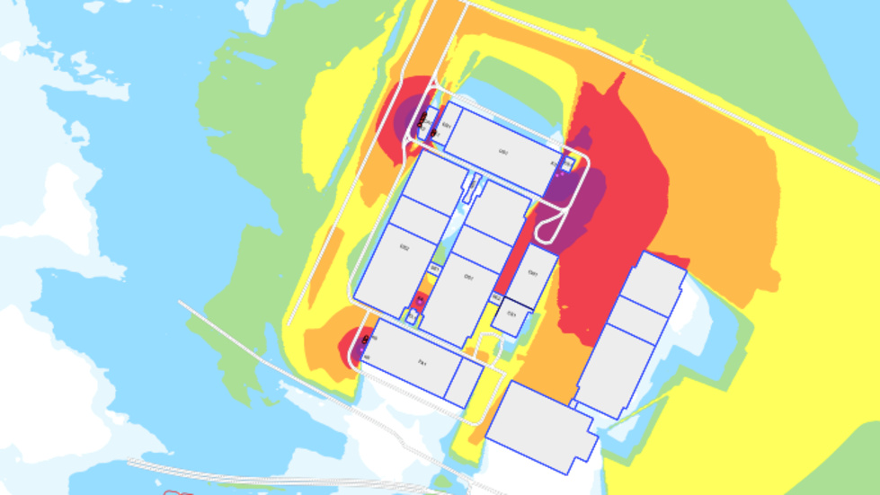 This image depicts the noise analysis findings, illustrating the predominant sound sources at Northvolt One. The areas shaded in purple signify the most intense sounds.